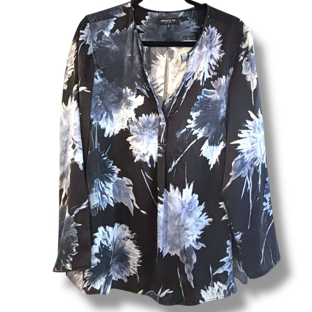 Lafayette 148 New York Floral Silk V Neck Blouse Black Blue Size 14
